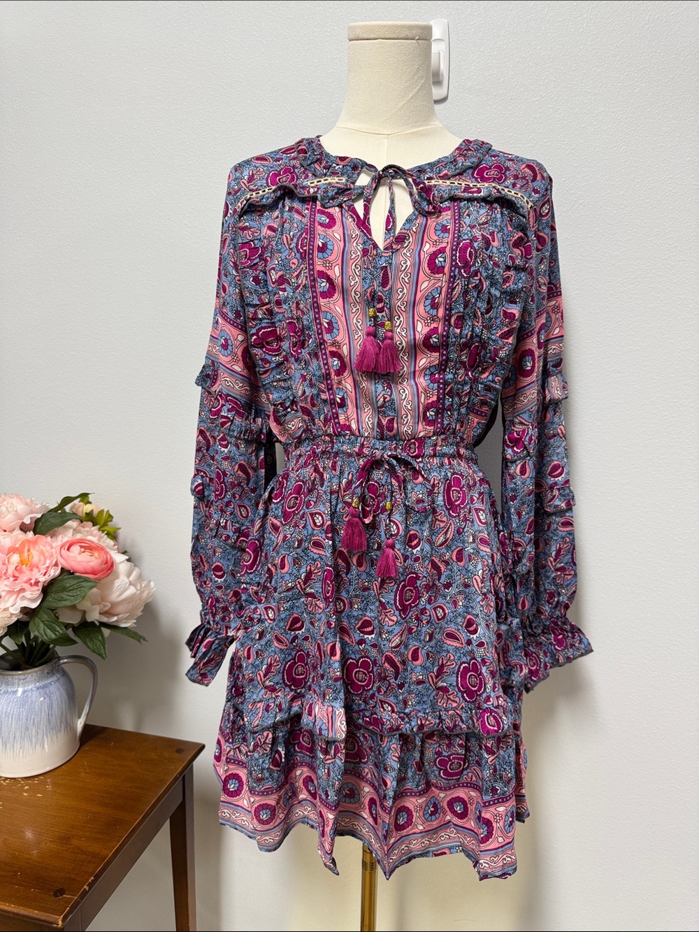 Long Sleeve Tassel Tie Floral Mini Dress in Pink and Blue